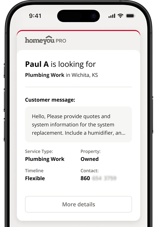 homeyou PRO app showing a verified HVAC lead